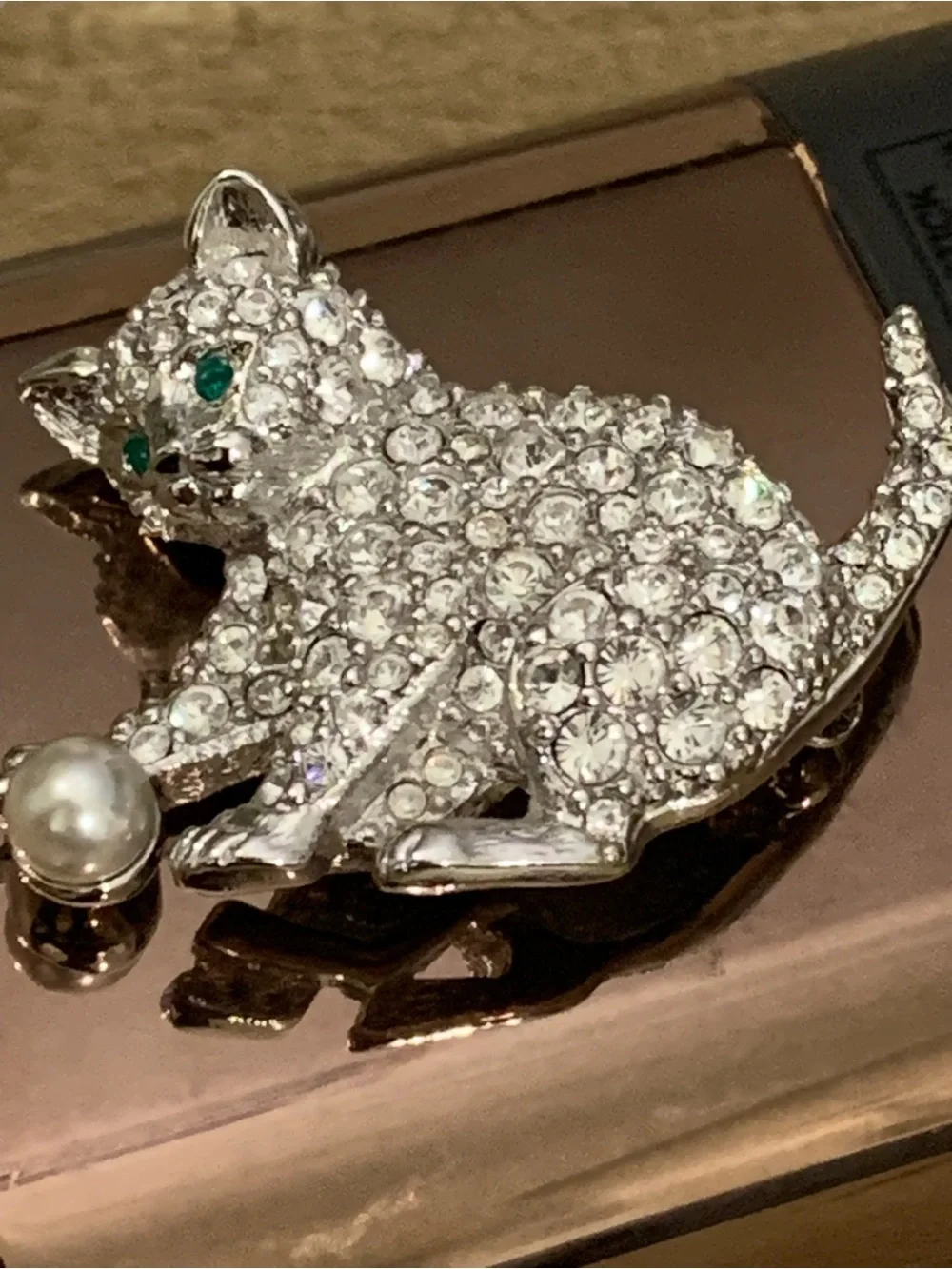 Swarovski Silver Crystal Kitten Cat Brooch with Pearl Accent